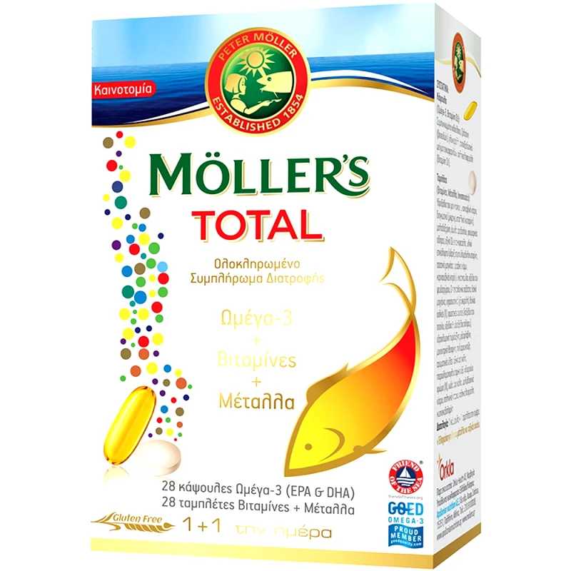 Moller's Moller's Total Συμπλήρωμα Διατροφής με Ωμέγα 3, Βιταμίνες & Μέταλλα για Τόνωση του Οργανισμού 28caps + 28tabs