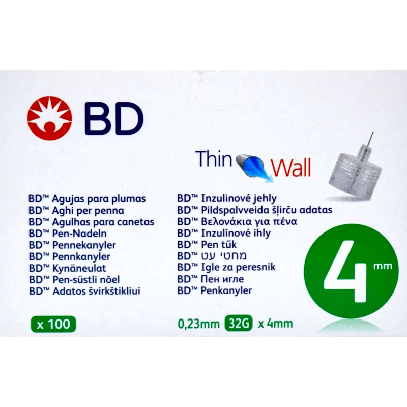 BD BD Thin Wall Pen Needles 0,23mm 32g x 4mm Βελονάκια για Πένα Ινσουλίνης 100 Τεμάχια