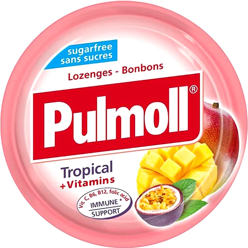 Pulmoll Pulmoll Tropical + Vitamins Candies Καραμέλες με Γεύση Τροπικών Φρούτων & Σύμπλεγμα Βιταμινών για την Καλή Λειτουργία του Ανοσοποιητικού Συστήματος 45g