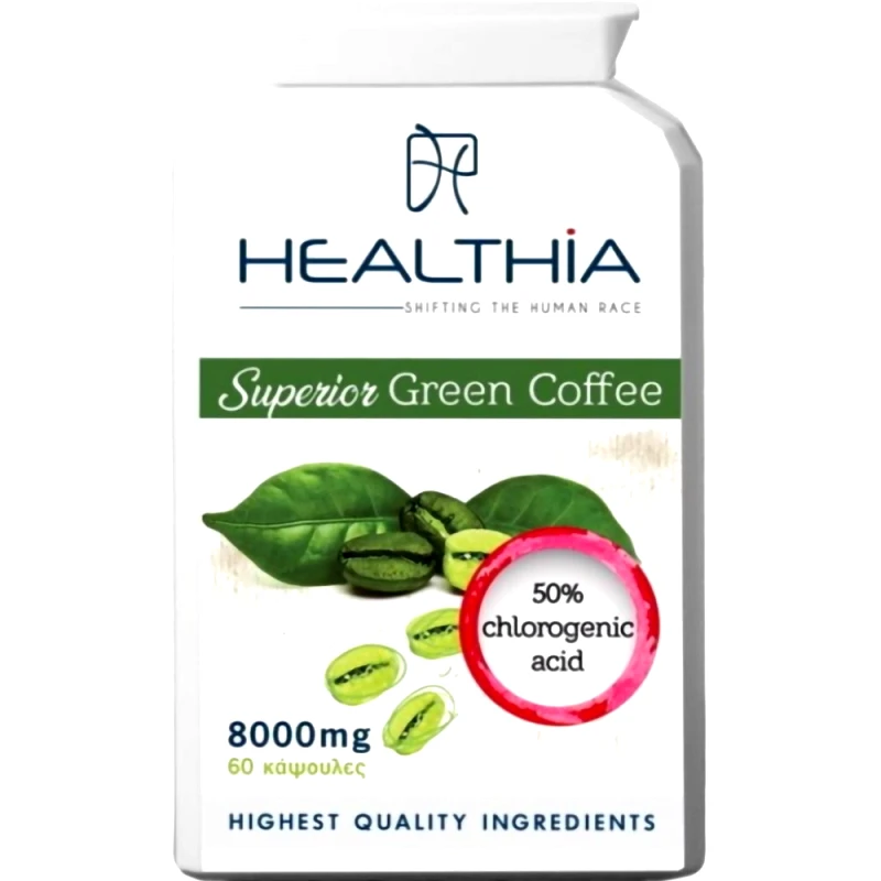Healthia Healthia Superior Green Coffee 8000mg Συμπλήρωμα Διατροφής με Εκχύλισμα Πράσινου Καφέ & Χλωρογενικό Οξύ για Απώλεια Βάρους, Καύση του Λίπους & Βελτίωση του Μεταβολισμού 60caps