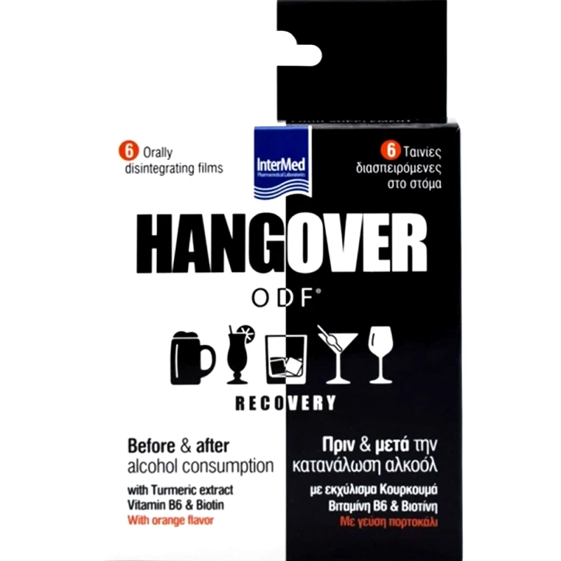 InterMed Intermed Hangover ODF Recovery Συμπλήρωμα Διατροφής με Βιταμίνες Β & Εκχύλισμα Κουρκουμά για τη Μείωση της Κόπωσης & την Αντιμετώπιση του Hangover με Γεύση Πορτοκάλι 6 Διασπειρόμενες στο Στόμα Ταινίες