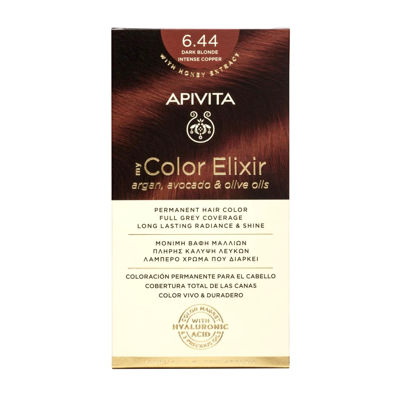 Apivita Apivita My Color Elixir Permanent Hair Color Μόνιμη Βαφή Μαλλιών Χωρίς Αμμωνία που Σταθεροποιεί & Σφραγίζει το Χρώμα 1 Τεμάχιο - 6.44 Ξανθό Σκούρο Έντονο Χάλκινο