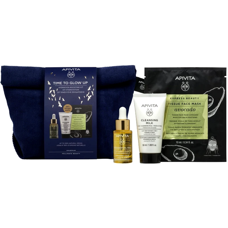 Apivita Apivita Πακέτο Προσφοράς Time to Glow Up Beessential Oils Strengthening - Hydrating Skin Supplement Day Oil 15ml & 3 in 1 Cleansing Milk 50ml & Avocado Tissue Face Mask 10ml & Νεσεσέρ