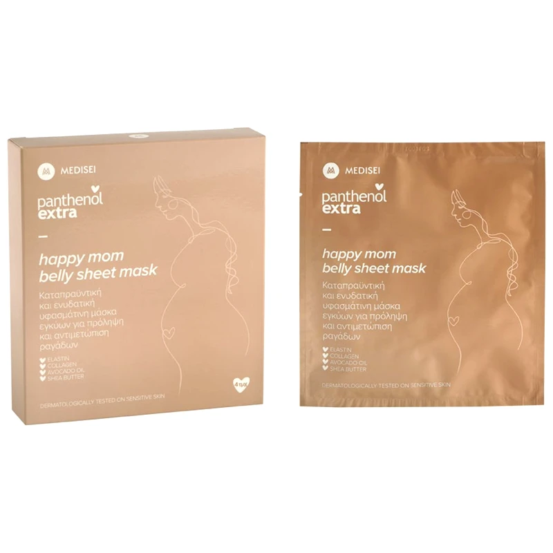Medisei Medisei Panthenol Extra Happy Mom Belly Sheet Mask ​​​​​​​Καταπραϋντική & Ενυδατική Υφασμάτινη Μάσκα Πρόληψης & Αντιμετώπισης των Ραγάδων της Κοιλιάς Κατά την Εγκυμοσύνη 4 Τεμάχια