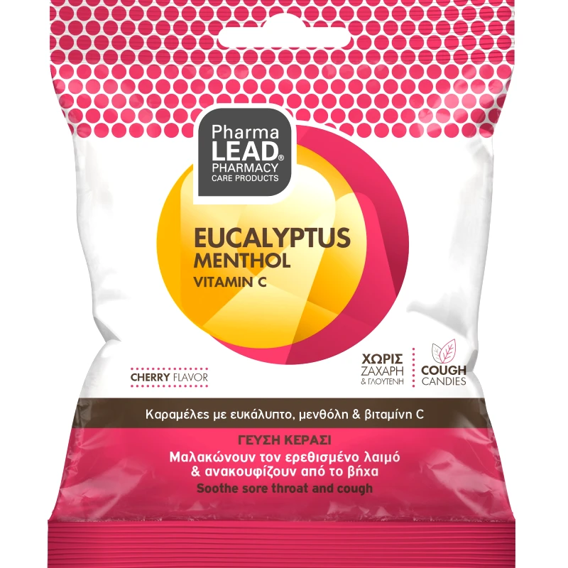 PharmaLead Pharmalead Eucalyptus, Menthol & Vitamin C Sore Throat & Cough Candies Καραμέλες με Ευκάλυπτο, Μενθόλη & Βιταμίνη C που Μαλακώνουν τον Ερεθισμένο Λαιμό & Ανακουφίζουν από το Βήχα με Γεύση Κεράσι 40g