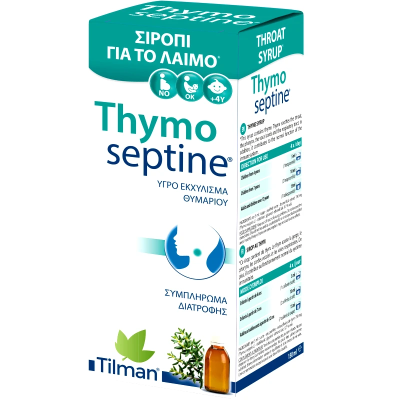 Tilman Tilman Thymoseptine Syrup 150ml,Συμπλήρωμα Διατροφής Εκχυλίσματος Θυμαριού σε Σιρόπι που Καταπραΰνει & Μαλακώνει τον Ερεθισμένο Λαιμό, Κατά του Παραγωγικού Βήχα