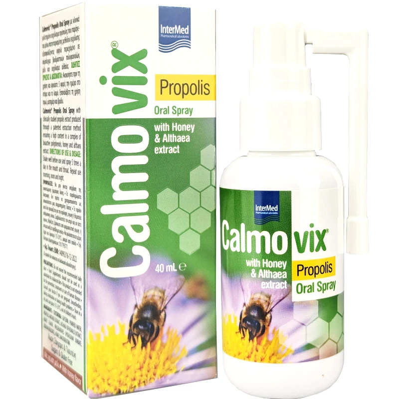 InterMed Intermed Calmovix Propolis Oral Spray Συμπλήρωμα Διατροφής σε Μορφή Spray με Πρόπολη, Μέλι & Εκχύλισμα Αλθαίας για την Ανακούφιση του Πονόλαιμου & των Συμπτωμάτων του Κοινού Κρυολογήματος με Γεύση Μέλι 40ml