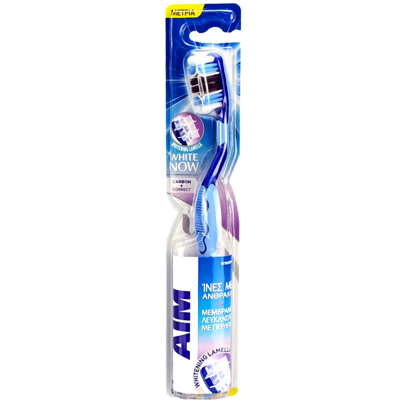 AIM Aim White Now Carbon+Correct Toothbrush Οδοντόβουρτσα με Μέτριες Ίνες Άνθρακα για πιο Λεία & Λευκά Δόντια με Προστατευτικό Κάλυμμα 1 Τεμάχιο - Μπλε