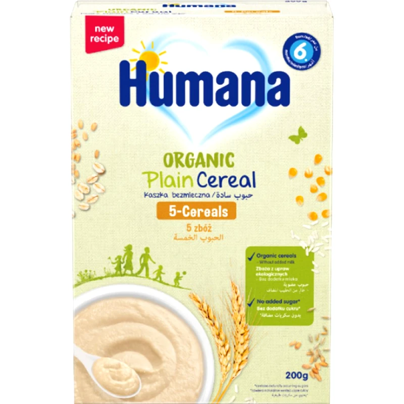 Humana Humana Organic Plain 5 Cereals Βιολογική Κρέμα με 5 Δημητριακά Ολικής Άλεσης Χωρίς Γάλα & Προσθήκη Ζάχαρης από τον 6ο Μήνα 200g