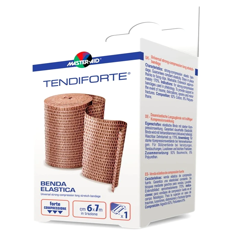 Master Aid Master Aid Tendiforte Benda Elastica Universal Strong-Compression Long Stretch Bandage Ελαστικός Επίδεσμος Ισχυρής Πίεσης με Ειδικό Άγκιστρο 1 Τεμάχιο - 6cm x 7m