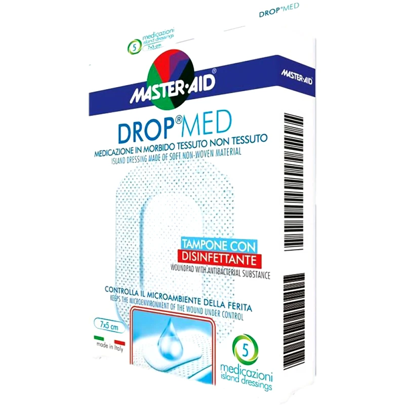 Master Aid Master Aid Drop Med Woundpad with Antibacterial Substance 5x7cm Αυτοκόλλητες, Αντικολλητικές Γάζες Εμποτισμένες με Απολυμαντικό 5 Τεμάχια