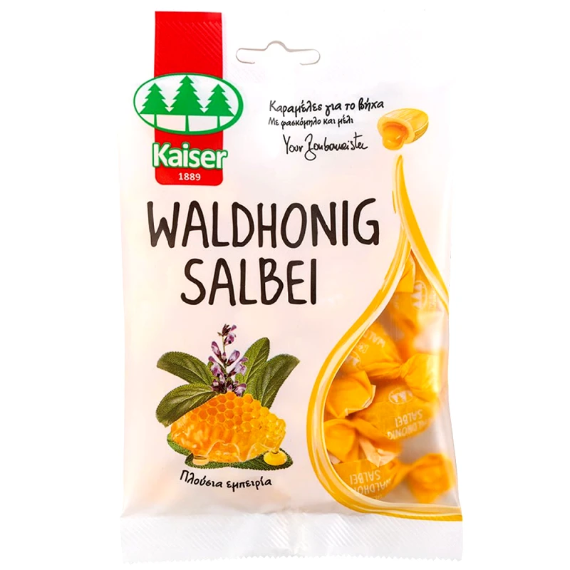 Kaiser Kaiser Waldhonig Salbei Καραμέλες για τον Ερεθισμένο Λαιμό & τον Βήχα με Γέμιση Μέλι & Φασκόμηλο 90g