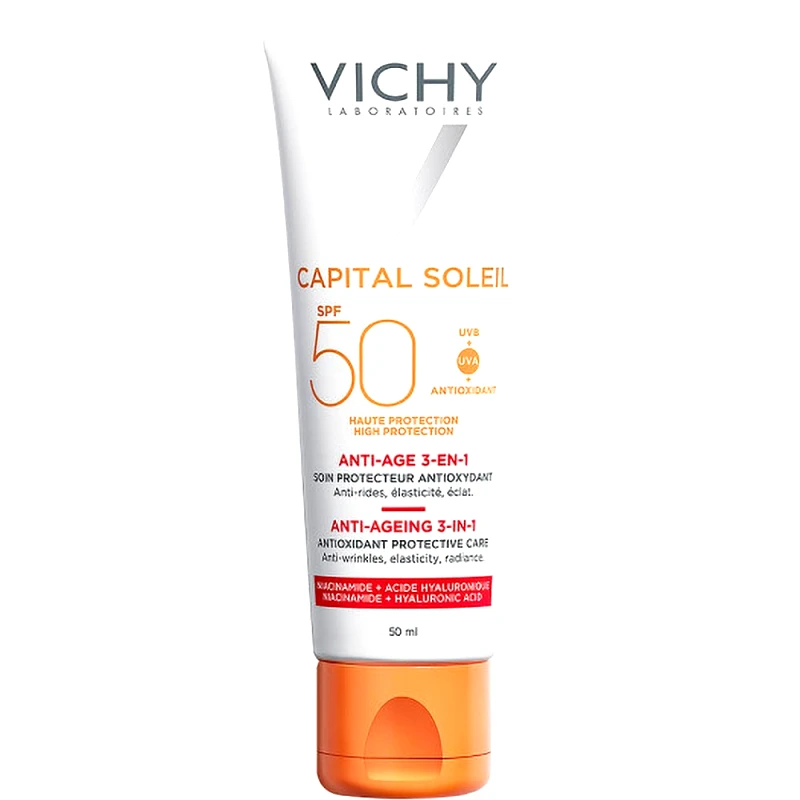 Vichy Vichy Capital Soleil Spf50 Anti-Age Antioxidant Protective Care 3 in 1 Κρέμα Προσώπου Υψηλής Αντηλιακής Προστασίας με Τριπλή Δράση Ενάντια των Ρυτίδων για Ελαστικότητα & Λάμψη 50ml