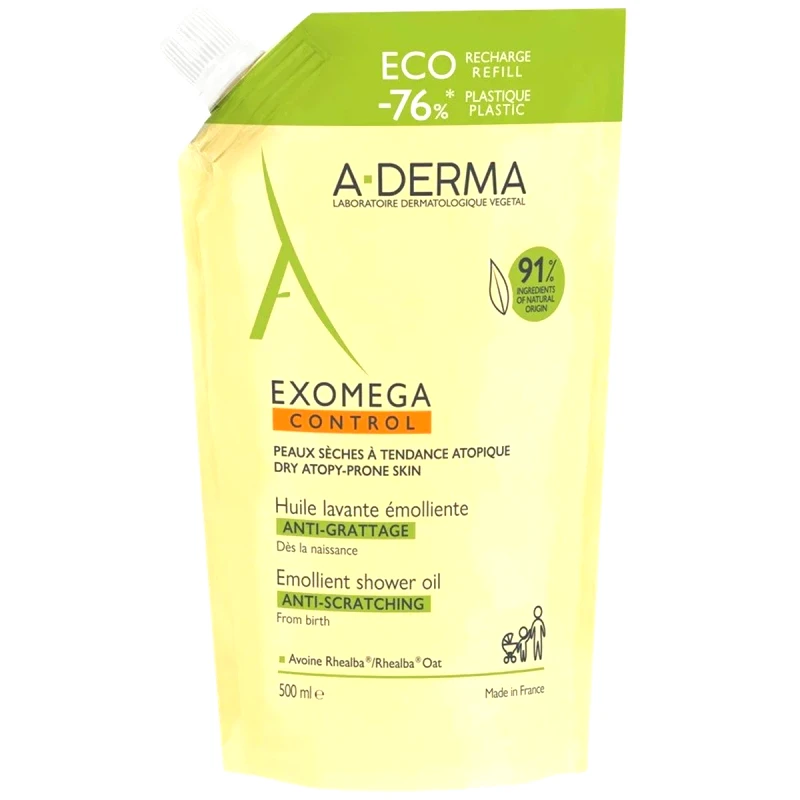 A-Derma A-Derma Exomega Control Anti-Scratching Emolient Shower Oil Refill Λάδι Καθαρισμού Σώματος, Κατάλληλο Ξηρό Δέρμα με Τάση Ατοπίας 500ml