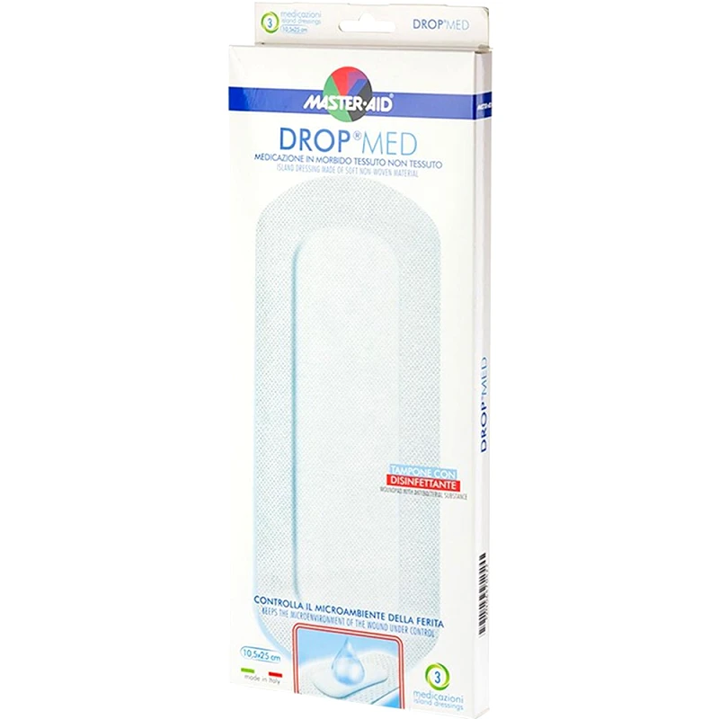 Master Aid Master Aid Drop Med Woundpad with Antibacterial Substance 10.5x25cm Αυτοκόλλητες, Αντικολλητικές Γάζες Εμποτισμένες με Απολυμαντικό 3 Τεμάχια
