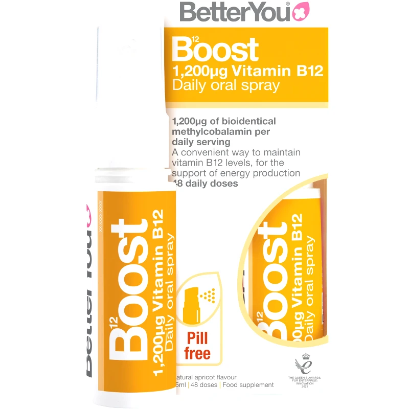 BetterYou BetterYou Vitamin B12 1,200μg Boost Daily Oral Spray Συμπλήρωμα Διατροφής σε Μορφή Spray Βιταμίνης Β12 για την Καλή Λειτουργία του Νευρικού Συστήματος & Ενέργεια με Φυσική Γεύση Βερίκοκο 25ml