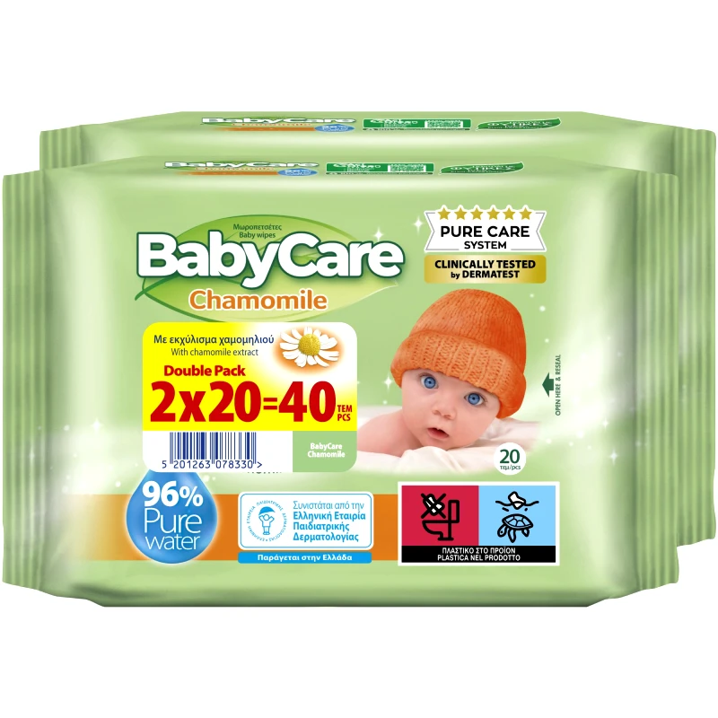 BabyCare BabyCare Promo Chamomile Baby Wipes Double Pack Μωρομάντηλα για τον Απαλό Καθημερινό Καθαρισμό του Βρεφικού Δέρματος με Εκχύλισμα Χαμομηλιού 40 Τεμάχια (2x20 Τεμάχια)