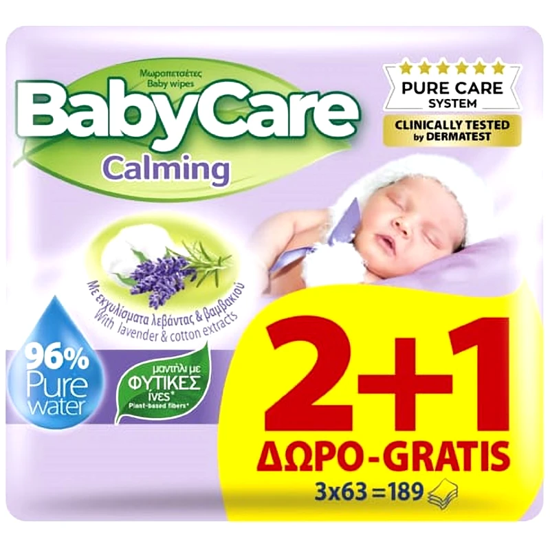 BabyCare BabyCare Πακέτο Προσφοράς Calming Pure Water Καταπραϋντικά Μωρομάντηλα με Εκχύλισμα Λεβάντας & Βαμβακιού 189 Τεμάχια (3x63 Τεμάχια)