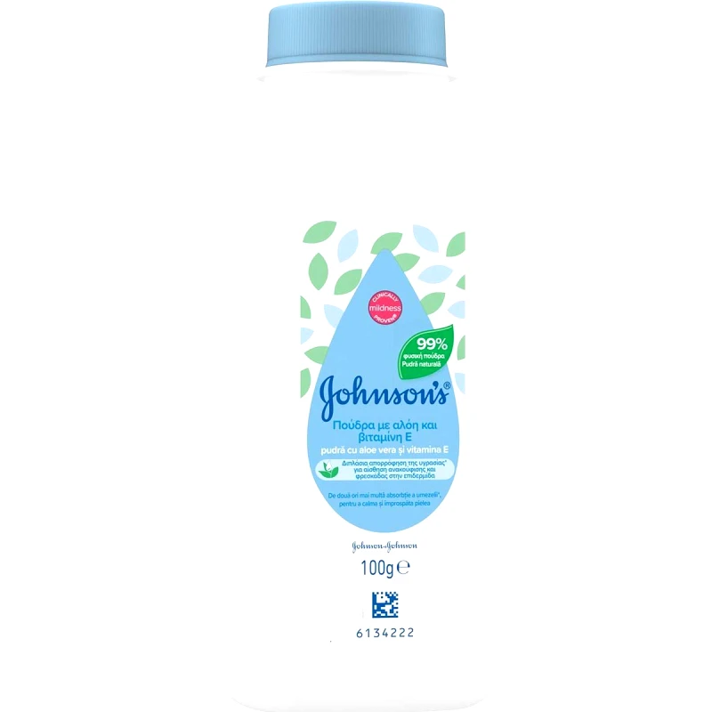 Johnsons & Johnsons Johnson's Aloe & Vitamin E Powder Πούδρα με Αλόη & Βιταμίνη E για Αίσθηση Ανακούφισης & Φρεσκάδας της Επιδερμίδας 100g