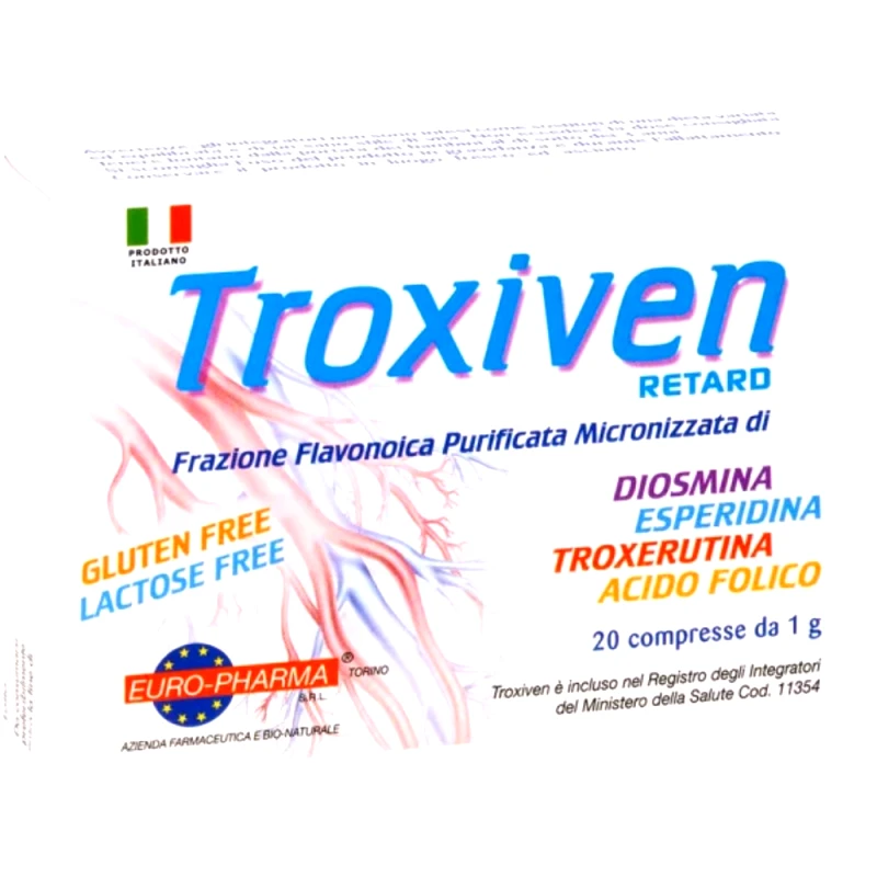Euro-Pharma Euro-Pharma Troxiven Retard Συμπλήρωμα Διατροφής με Φλαβονοειδή & Φυλλικό Οξύ για Καλή Κυκλοφορία του Αίματος & Ανακούφιση των Συμπτωμάτων από Ευρυαγγείες, Φλεβίτιδα, Κιρσούς & Αιμορροΐδες 20tabs