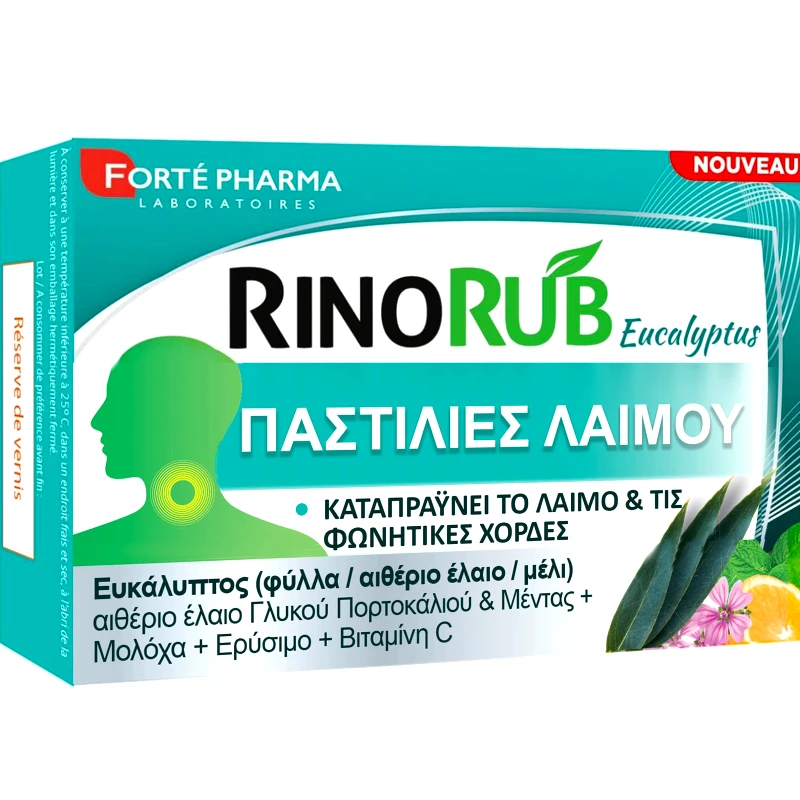 FORTE PHARMA Forte Pharma Rinorub Eucalyptus Συμπλήρωμα Διατροφής σε Παστίλιες για την Καταπράυνση του Ερεθισμένου Λαιμού & Φωνητικών Χορδών 20 Lozenges