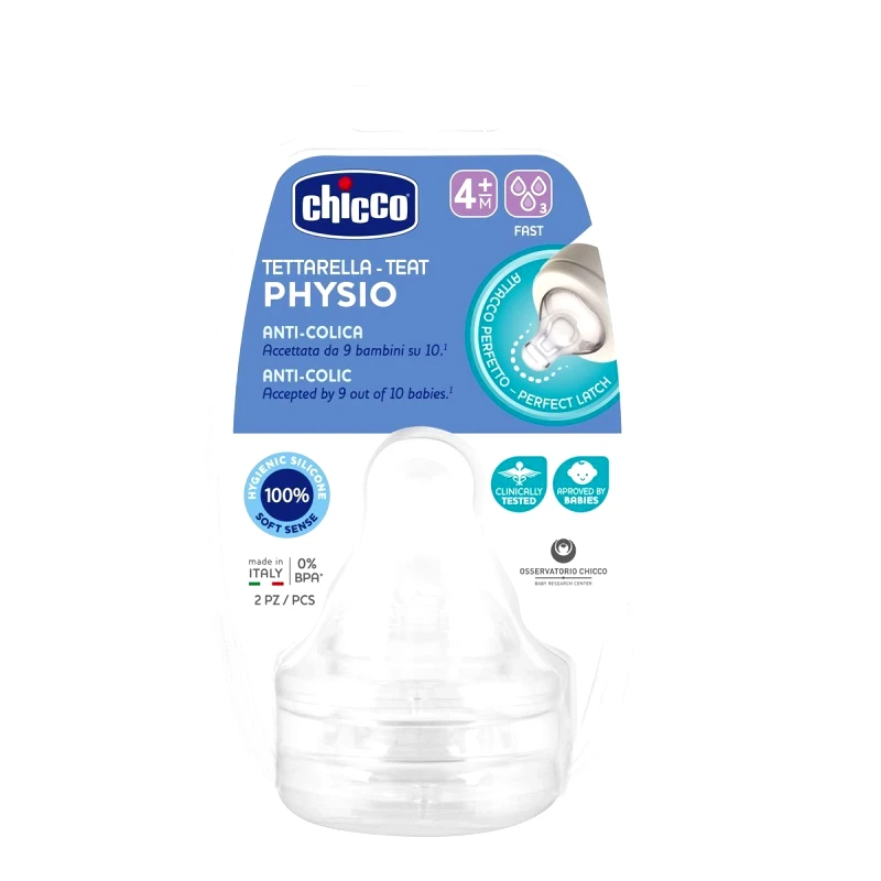 Chicco Chicco Physio Teat Anti-Colic Θηλή Σιλικόνης Γρήγορης Ροής 4m+, 2 τεμάχια