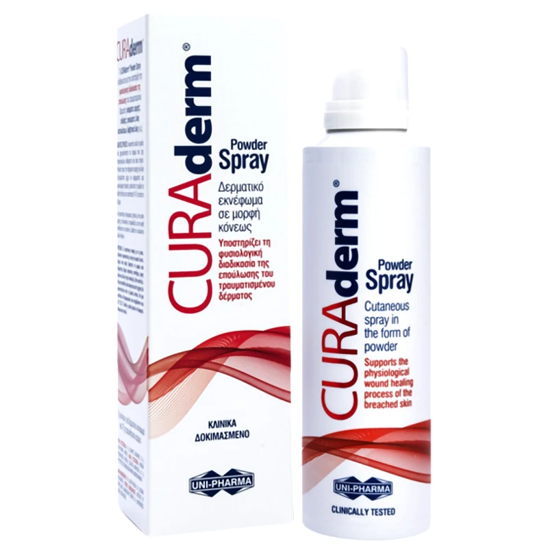 Uni-Pharma Uni-Pharm Curaderm Powder Spray Δερματικό Εκνέφωμα σε Μορφή Spray για Γρήγορη Επούλωση του Τραυματισμένου Δέρματος 125ml