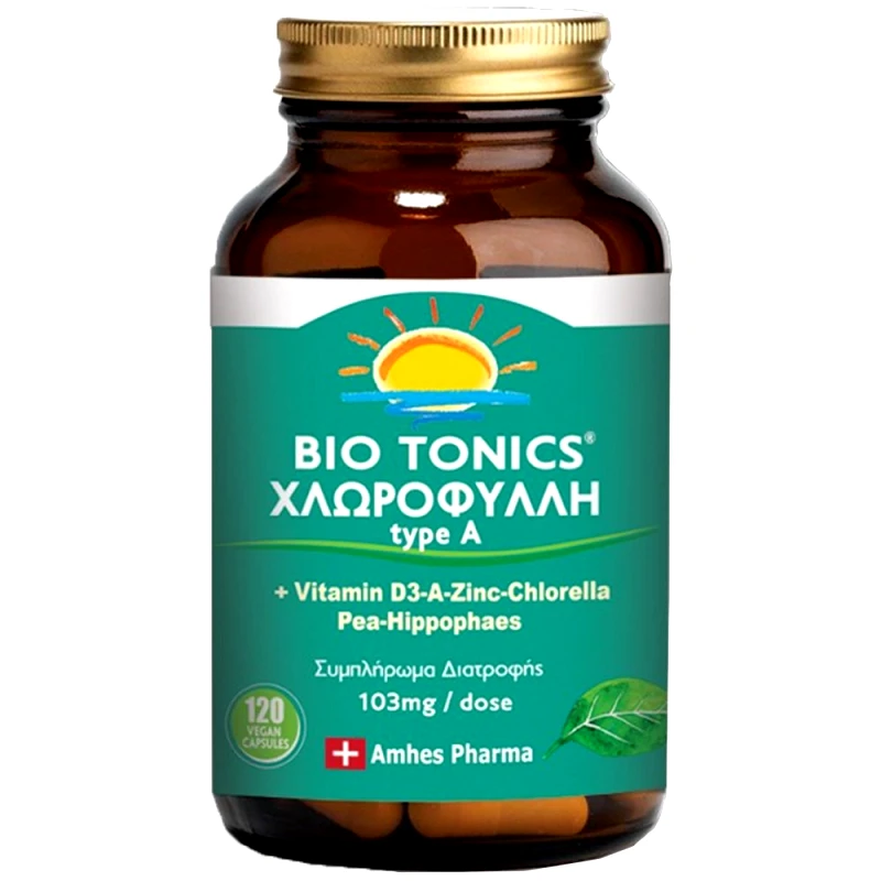Bio Tonics Biotonics Chlorophyll Type A D3, Zn & Pea, Hippophaes 103mg Συμπλήρωμα Διατροφής Χλωροφύλλης με Βιταμίνη D3 Ψευδάργυρο & Ιπποφαές για Τόνωση του Ανοσοποιητικού 120veg.caps