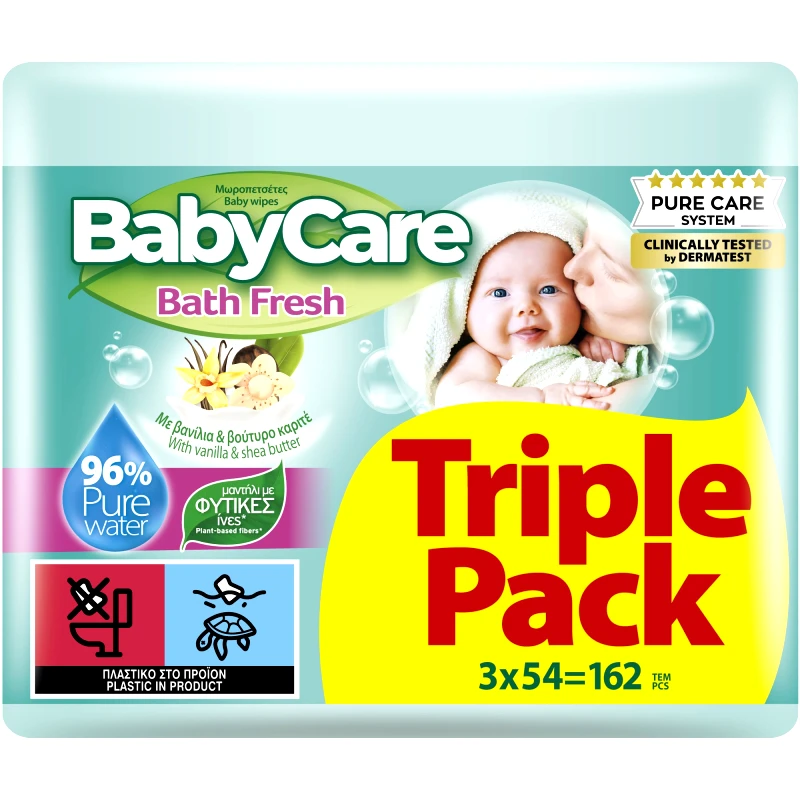 BabyCare BabyCare Bath Fresh Wipes Triple Pack Μωρομάντηλα με Ίνες Φυτικής Προέλευσης, Εκχύλισμα Βανίλιας & Βούτυρο Καριτέ 162 Τεμάχια (3x54 Τεμάχια)