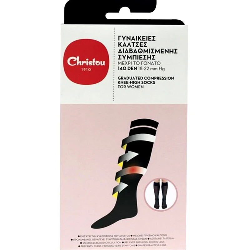 Christou 1910 Christou Hi-Tech Compression Socks for Women CH-018 140 DEN 18-22mm Hg Black Γυναικείες Κάλτσες Διαβαθμισμένης Συμπίεσης με Βαμβάκι σε Μαύρο Χρώμα 1 Ζευγάρι - Medium