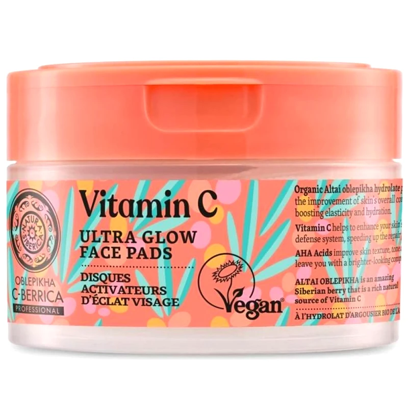 Natura Siberica ​​​​​​​Natura Siberica Oblepikha C-Berrica Vitamin C Ultra Glow Face Pads Καθαριστικά Pads Προσώπου με Βιταμίνη C, Altai Ιπποφαές & AHA Acids 20 Τεμάχια