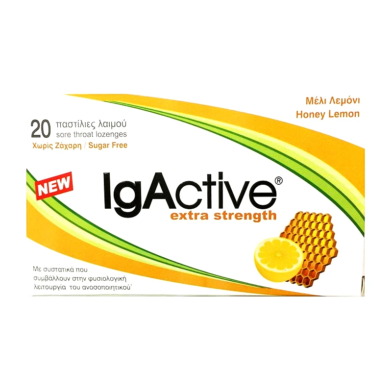 IgActive IgActive Extra Strength Παστίλιες για το Πονεμένο Λαιμό με Μέλι Λεμόνι,Συμβάλλουν στην Υποστήριξη του Ανοσοποιητικού 20Παστίλιες