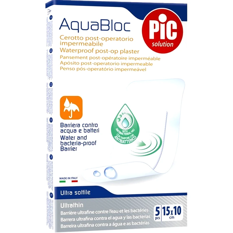 Pic Pic Solution Aquabloc Waterproof Post-Op Plaster Αδιάβροχο Αυτοκόλλητο Μετεγχειρητικό Επίθεμα με Ειδικό Αντιβακτηριακό Μαξιλαράκι 5 Τεμάχια - 15cm x 10cm