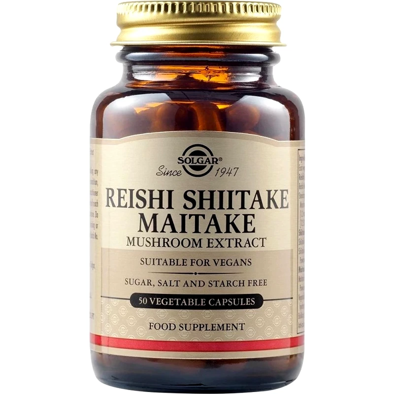 Solgar Solgar Reiishi Shitake Maitake Mushroom Extract Συμπλήρωμα Διατροφής Εκχυλίσματος Μανιταριών για Τόνωση του Ανοσοποιητικού με Αναλγητικές, Αντιαλλεργικές & Αντιβακτηριακές Ιδιότητες 50veg.caps
