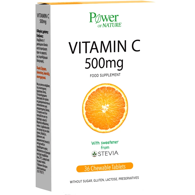Power Health Power Health Vitamin C 500mg Συμπλήρωμα Διατροφής με Βιταμίνη C με Στέβια για Ενίσχυση της Άμυνας του Οργανισμού 36 Chew.tabs