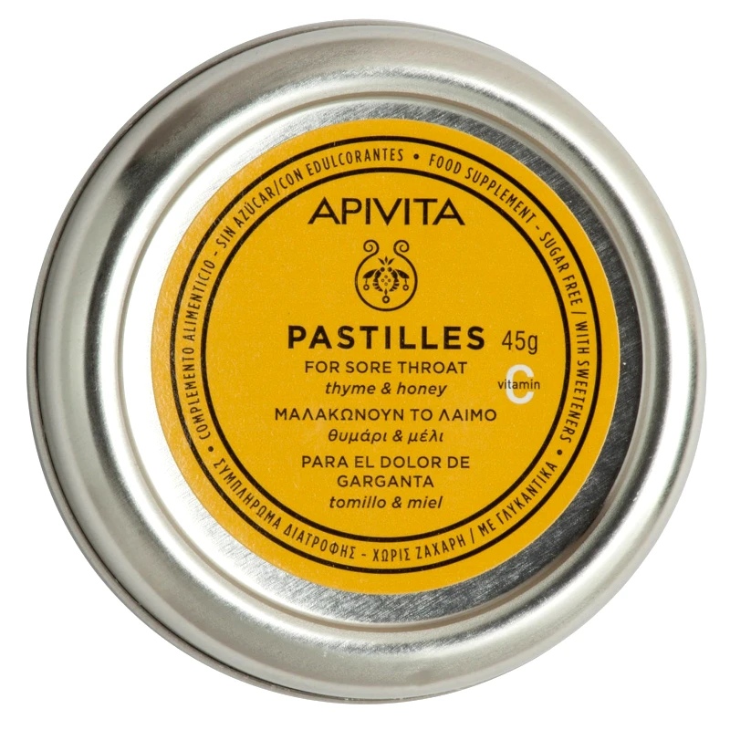 Apivita Apivita Pastilles for Sore Throat Thyme & Honey Συμπλήρωμα Διατροφής με Εκχύλισμα Θυμαριού, Μέλι & Βιταμίνη C που Μαλακώνει το Λαιμό & Ανακουφίζει από το Βήχα με Γεύση Μέλι & Θυμάρι 45g
