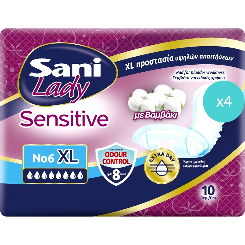 Sani Σετ Sani Lady Sensitive No6 Extra Large Διακριτικές Γυναικείες Σερβιέτες Μεγάλου Μεγέθους με Βαμβάκι για Ελαφριά Μορφή Ακράτειας 40 Τεμάχια (4x10 Τεμάχια)