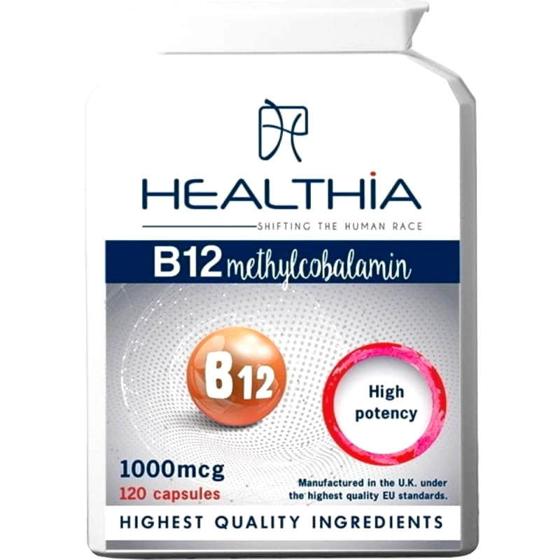 Healthia Healthia B12 Methylcobalamin 1000μg High Potency Συμπλήρωμα Διατροφής με Βιταμίνη Β12 σε Μορφή Μεθυλκοβαλαμίνης για Καλύτερη Απορρόφηση & Υψηλότερη Βιοδιαθεσιμότητα για την Καλή Λειτουργία του Νευρικού - Καρδιαγγειακού Συστήματος 120caps