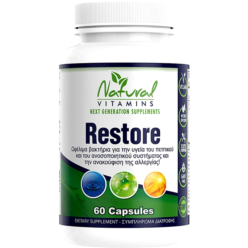 Natural Vitamins Natural Vitamins Restore Συμπλήρωμα Διατροφής Συμπλέγματος Προβιοτικών για Αντιμετώπιση Γαστροπεπτικών Διαταραχών & Ενίσχυση της Εντερικής Χλωρίδας 60caps
