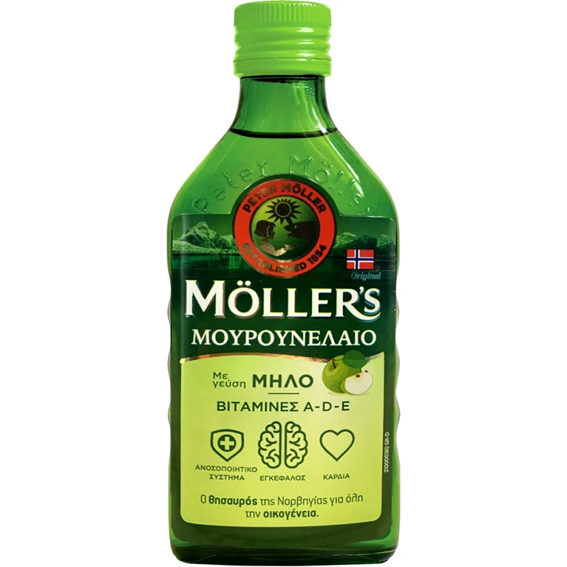 Moller's Moller's Cod Liver Oil Apple Συμπλήρωμα Διατροφής Πόσιμου Μουρουνέλαιου Πλούσιο σε Ω3 με Βιταμίνες A, D & E με Γεύση Μήλου 250ml