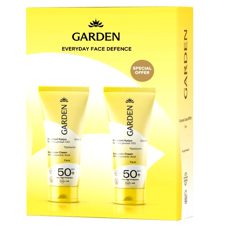 Garden Garden Promo Sunscreen Cream with Hyaluronic Acid Spf50+ Αντηλιακή Κρέμα Προσώπου με Υαλουρονικό Οξύ Πολύ Υψηλής Προστασίας 100ml (2x50ml)