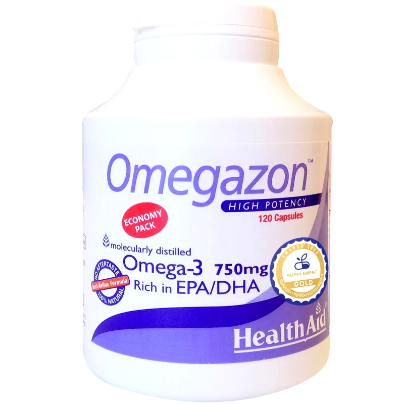 Health Aid Health Aid Omegazon Omega-3 750mg Συμπλήρωμα Διατροφής Συμπυκνωμένου Ιχθυελαίου Πλούσιο σε Ωμέγα 3 & Βιταμίνη Ε για την Καλή Λειτουργία του Καρδιαγγειακού Συστήματος, Ομαλή Αρτηριακή Πίεση & Καλή Όραση Χωρίς Επίγευση Ψαριού 120caps
