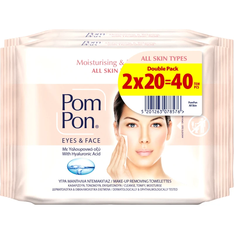 ΜΕΓΑ Pom Pon Promo Moisturizing & Relaxing Face & Eyes Hyalouronic Acid 100% Cotton Wipes Υγρά Βαμβακερά Μαντήλια Ντεμακιγιάζ με Υαλουρονικό Οξύ για Ενυδάτωση & Χαλάρωση για  Όλους τους Τύπους Δέρματος 40 Τεμάχια (2x20 Τεμάχια)