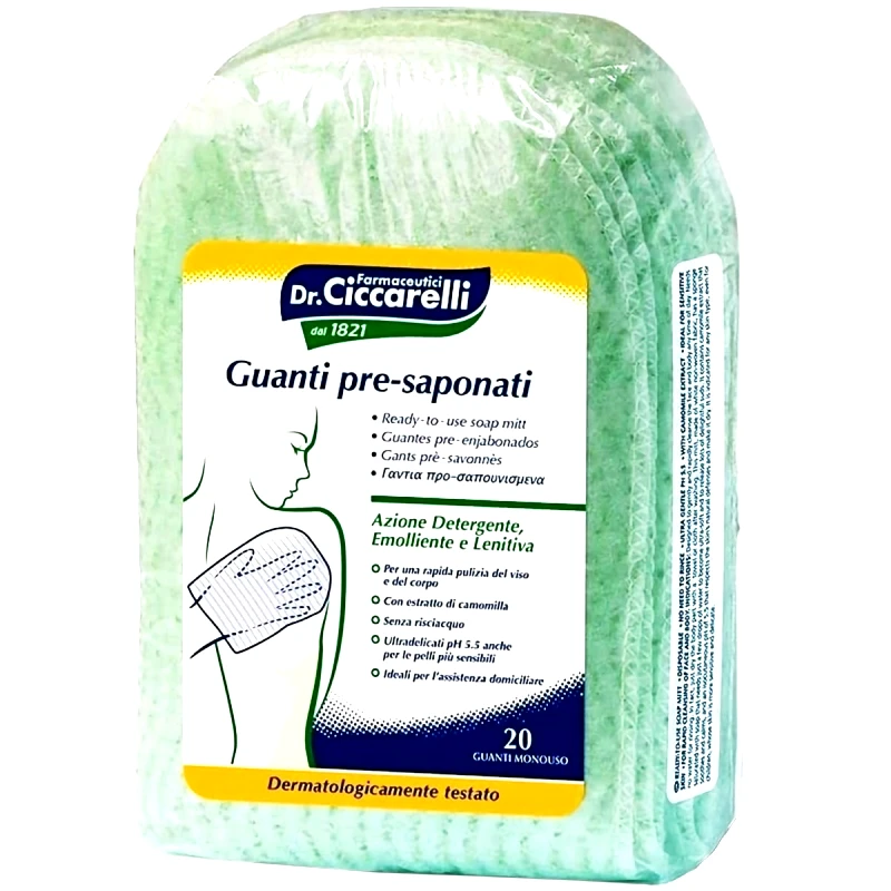 Dottor Ciccarelli Dr Ciccarelli Ready-to-Use Soap Mitt Γάντια Προ-Σαπουνισμένα Μιας Χρήσης για Καθαρισμό Προσώπου & Σώματος, Χωρίς Ξέβγαλμα 20 Τεμάχια