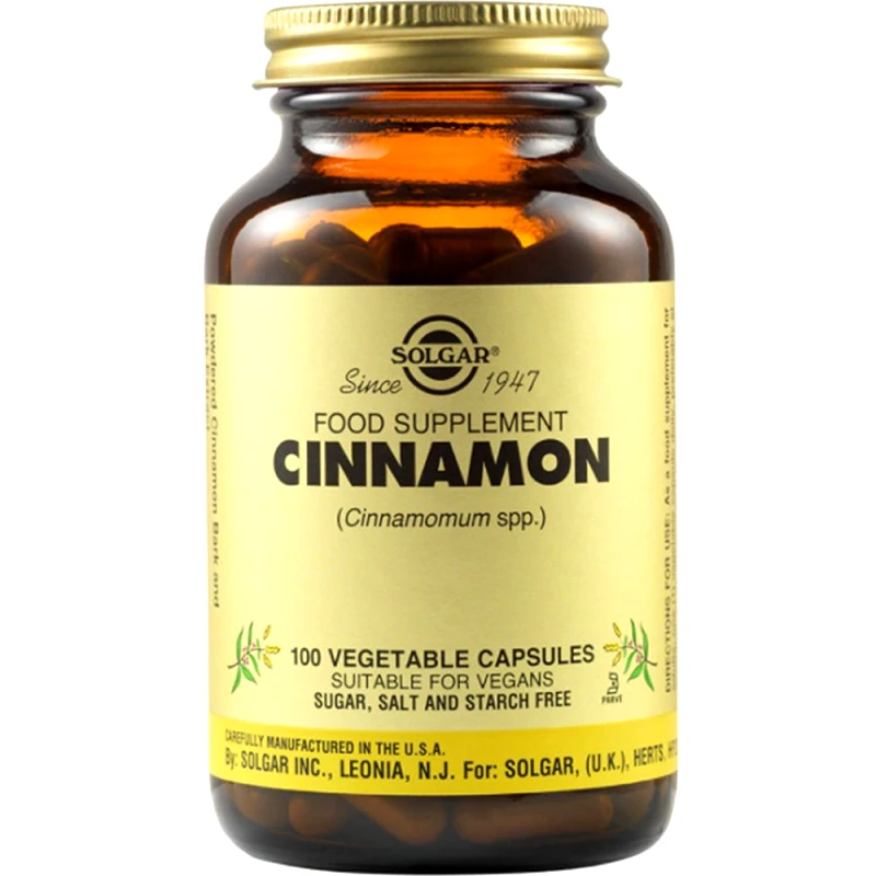 Solgar Solgar Cinnamon Συμπλήρωμα Διατροφής για τη Ρύθμιση των Επιπέδων της Γλυκόζης στο Αίμα με Αντιοξειδωτικές Ιδιότητες που Βοηθά Κατά την Πέψη 100veg.caps