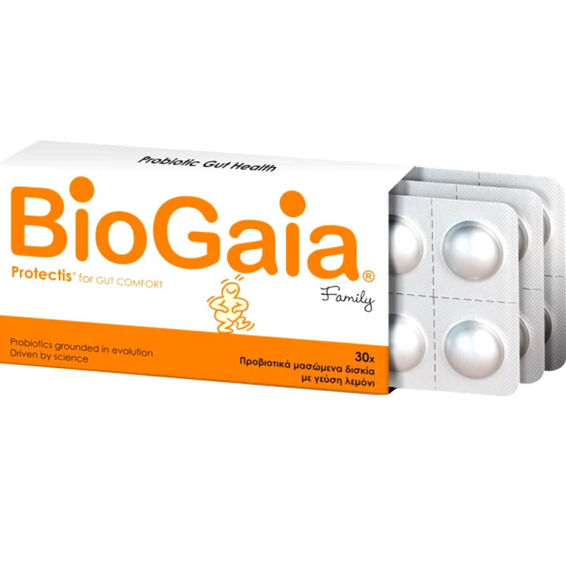 BioGaia BioGaia Protectis for Gut Comfort Family Συμπλήρωμα Διατροφής Προβιοτικών για την Αντιμετώπιση Διάρροιας, Δυσκοιλιότητας & Κοιλιακού Άλγους με Γεύση Λεμόνι 30 Chew.tabs - Lemon