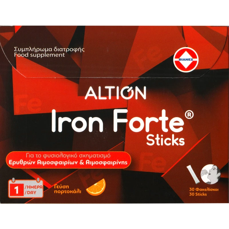Altion Altion Iron Forte Συμπλήρωμα Διατροφής Σιδήρου & Βιταμίνης C σε Μορφή Διασπειρομένων Κοκκίων για την Καλή Λειτουργία του Αιμοποιητικού Συστήματος, Κατά της Κόπωσης & της Αναιμίας με Γεύση Πορτοκάλι 30 Sachets