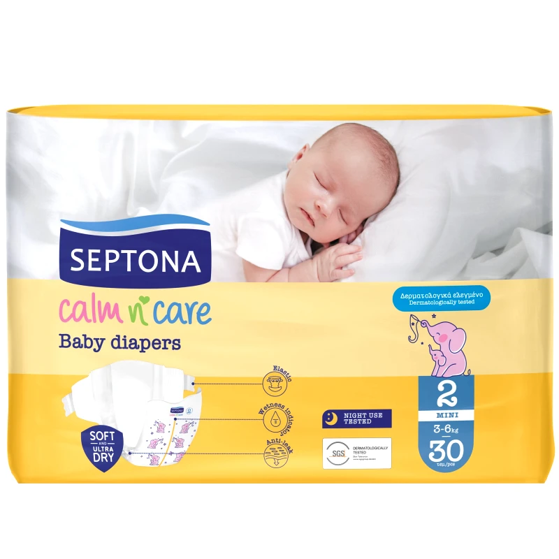 Septona Septona Calm n' Care Baby Diapers Mini No2 (3-6kg) 30 Τεμάχια