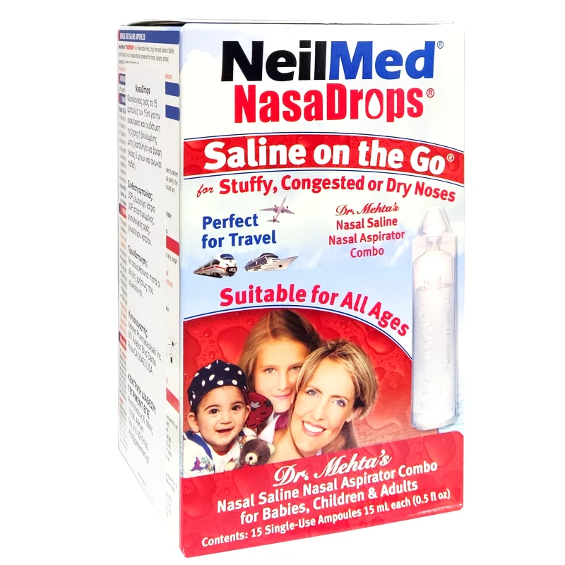 NeilMed NeilMed Nasadrops Αποστειρωμένο Αλατούχο Διάλυμα που Καταπραΰνει το Μπούκωμα & Ενυδατώνει την Ξηρή Μύτη 15 ampoules x 15ml