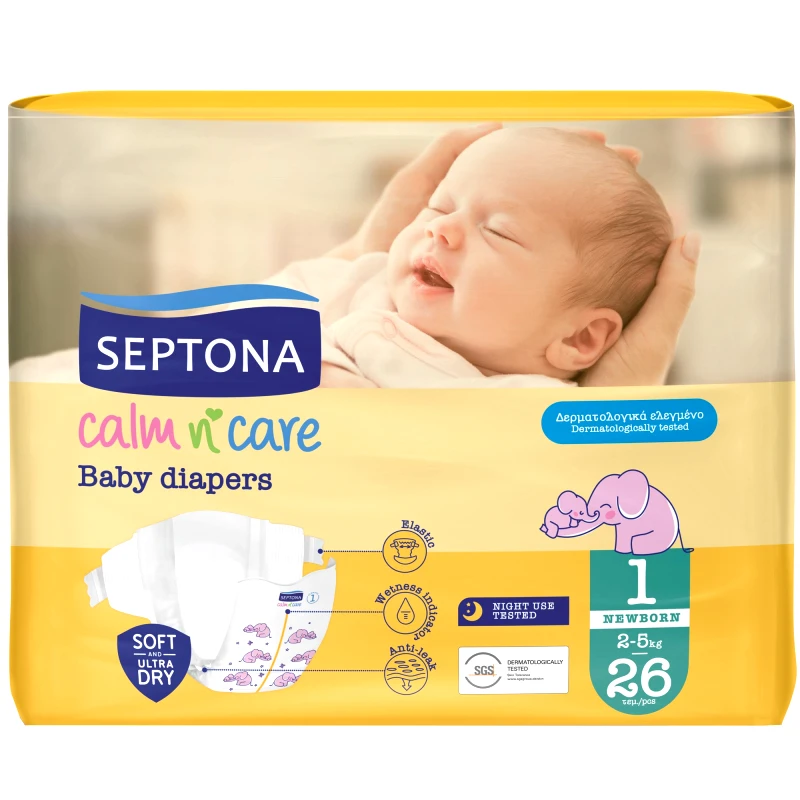 Septona Septona Calm n' Care Baby Diapers Newborn No1 (2-5kg) 26 Τεμάχια